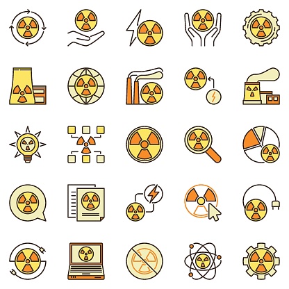 Nuclear Power colored icons set. Radiation and Radioactive concept vector creative symbols