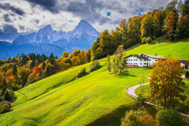 Berchtesgaden, Germany. Autumn landscape with famous Maria Gern church and Watzmann Mountain, Bavarian landscape.
