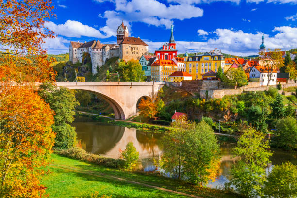 Loket, Czech Republic. Charming town, Ohre River in the near of Karlovy Vary, Bohemia, autumn colors. Loket, Czech Republic. Charming colorful old town in Sudetenland, Ohre River autumn scenic in Bohemia. czech republic stock pictures, royalty-free photos & images