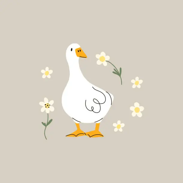 Vector illustration of Cute goose. Adorable farm birds in different poses, funny characters and flowers. Childish t-shirt print and poster design, kids textile and nursery decor. Vector cartoon flat isolated illustration