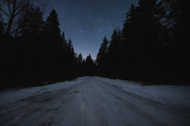 istock Night scene, road through the forest in winter, starry sky. 2075046437