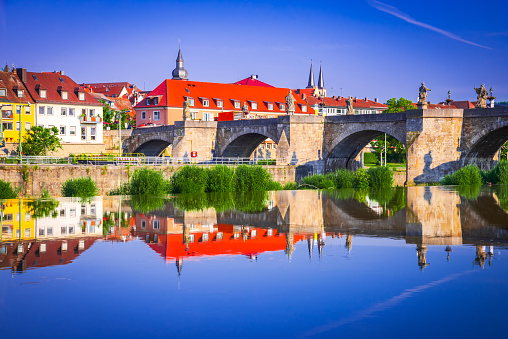 Wurzburg, Germany. Water reflection Main River, travel destination city in Franconia, Bavaria.