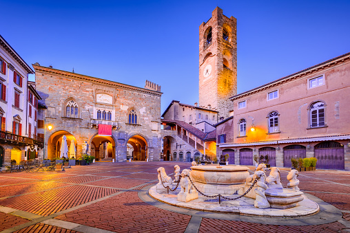 Bergamo, Italy - Piazza Vecchia in Citta Alta at dusk, beautiful historical town in Lombardy