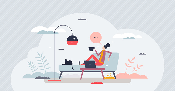 Hybrid workplace with working from home and distant job tiny person concept. Remote desk and online connection for effective and smart work model vector illustration. Flexible office job from anywhere