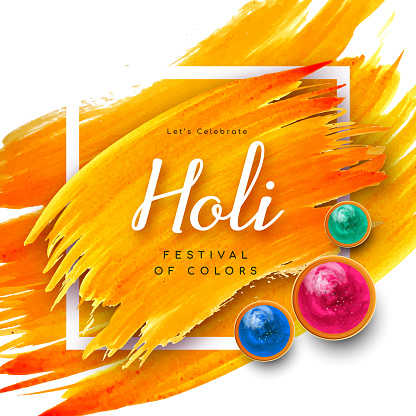 Happy Holi festival vector banner design with text and paint splashes in frame. Abstract background for Indian spring holiday