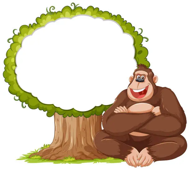Vector illustration of Cheerful cartoon gorilla sitting by a tree