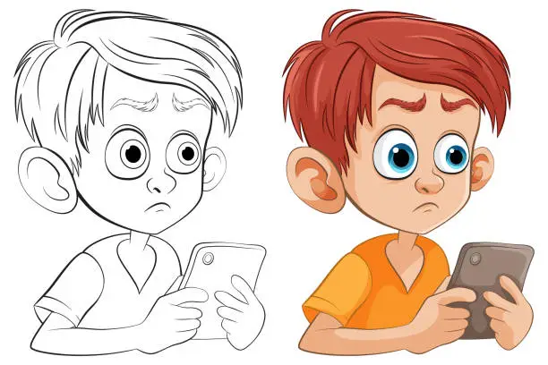 Vector illustration of Two cartoon boys looking worried while holding tablets