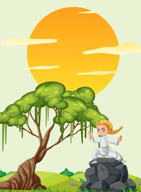 Vector illustration of Illustration of a girl sitting under a tree at sunset