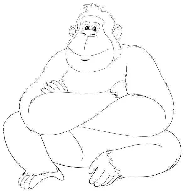Vector illustration of Black and white drawing of a thoughtful gorilla.