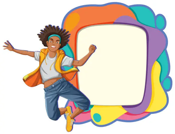 Vector illustration of Happy young person jumping beside a vibrant frame.