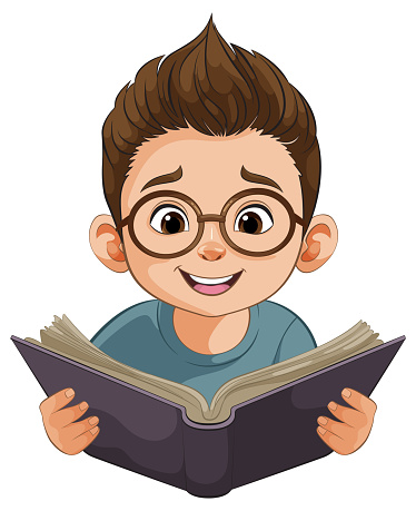 Cartoon boy with glasses reading a book intently
