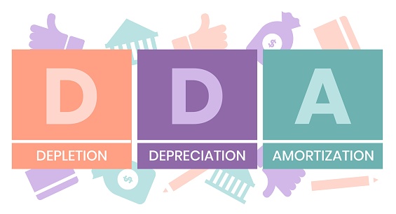 DDA - Depletion Depreciation Amortization acronym. business concept background. vector illustration concept with keywords and icons. lettering illustration with icons for web banner, flyer