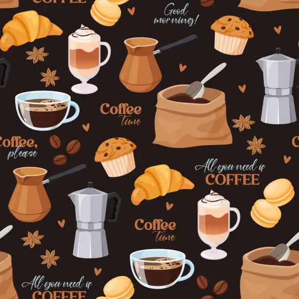 Vector illustration of Vector seamless patern with coffee elements