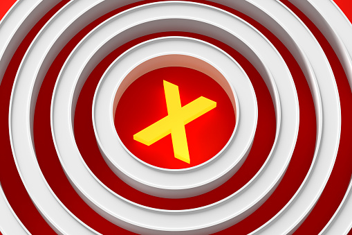 Error, mistake or rejection. Illuminated cross sign or x symbol at the center of a target on red background. 3D render.