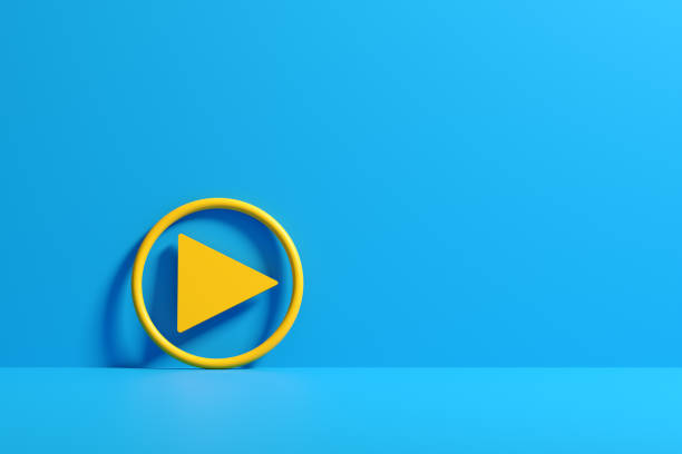 istock Yellow play symbol on blue background. Media player button. Business startup. 2075107540