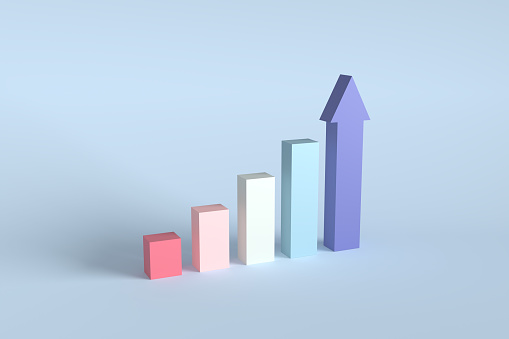 Business development, financial growth, profitability and success. Increasing or ascending bar chart or graph with pastel colors on blue background. 3D render.