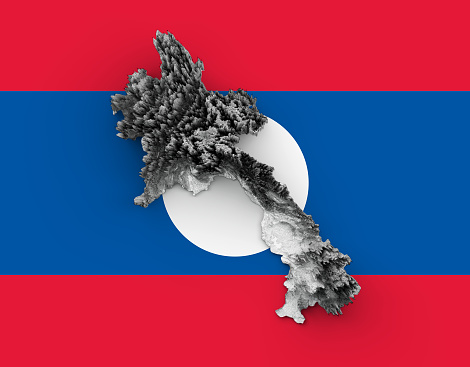 Laos Map Flag Shaded relief Color Height map on Flag Background 3d illustration
Source Map Data: tangrams.github.io/heightmapper/,
Software Cinema 4d