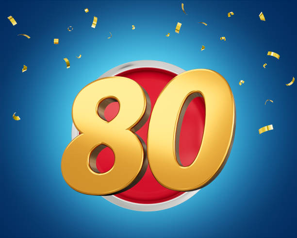 istock Gold Number 80 Gold Number Eighty On Rounded Red Icon with Particles, 3d illustration 2075114833