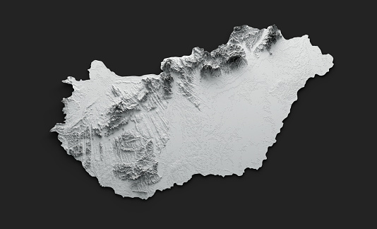Hungary Map Hungary White Shaded relief Color Height map on Black Background 3d illustration
Source Map Data: tangrams.github.io/heightmapper/,
Software Cinema 4d
