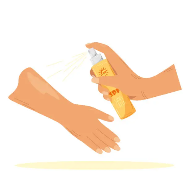 Vector illustration of A hand holds a can of sunscreen spray and sprays it on  hand. Sun safety vector illustration.