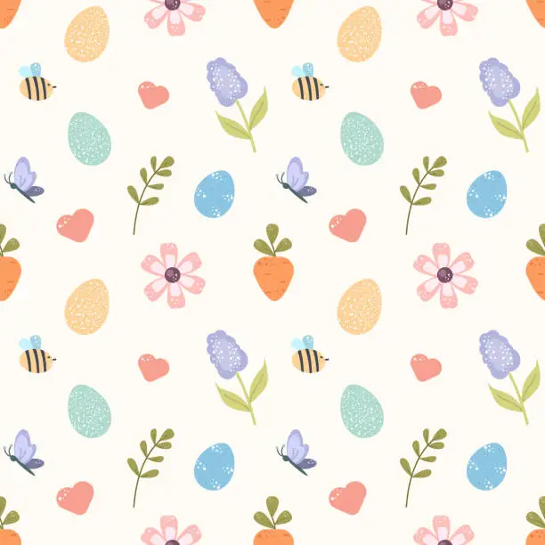 Vector illustration of Seamless pattern childish happy Easter design elements in pastel colors.