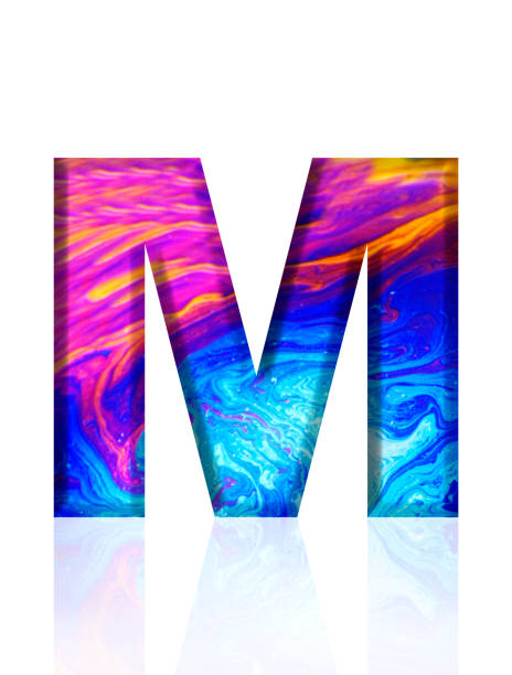 Extreme close-up of three-dimensional rainbow colored soap bubble alphabet letter M on white background.