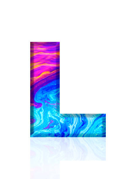 Extreme close-up of three-dimensional rainbow colored soap bubble alphabet letter L on white background.