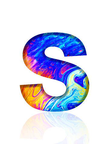 Extreme close-up of three-dimensional rainbow colored soap bubble alphabet letter S on white background.