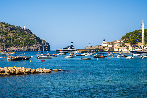 Port de Soller. Mallorca island, Spain, 4.10.2023 Harbor with many yachts and ships