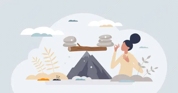 Vector illustration of Balance of nature as climate sustainability and harmony tiny person concept