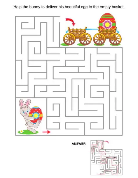 Vector illustration of Maze game for kids with bunny and painted eggs