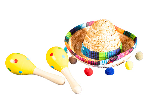 Mexican background with maracas hat on blank table, elements for Cinco de Mayo.