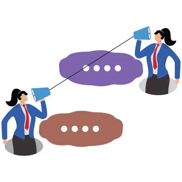 Vector illustration of Two women talking on paper cup and string phone