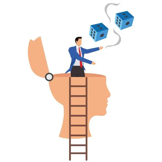 Vector illustration of Businessman, coming from the giant man's head, ready to roll a dice to help make decision