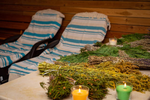 istock Various plants and flowers arranged on a table in a sauna 2075155853