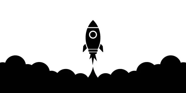 Vector illustration of Simple flat back and white rocket startup launch design, vector silhouette banner, space ship background concept
