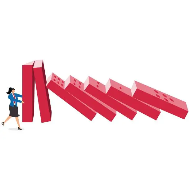 Vector illustration of Businesswoman touching the first domino in the row and all the other dominoes falling down in a chain