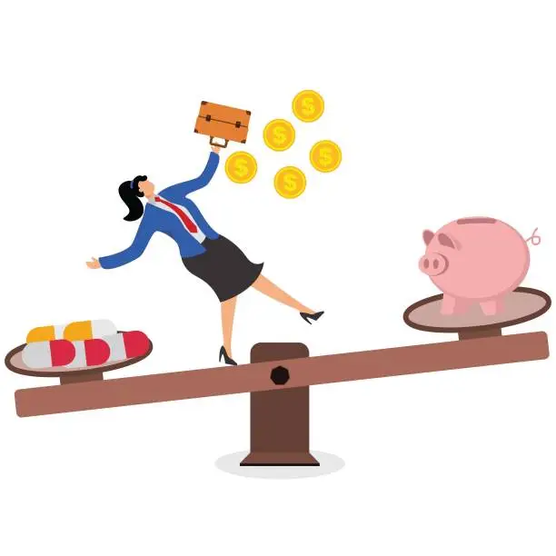 Vector illustration of One worried woman between medicine and piggy bank on seesaw