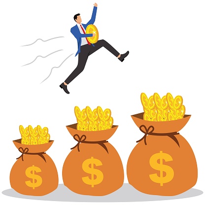 Businessman jumping into a pot jug full of money and lifting a big gold coin
