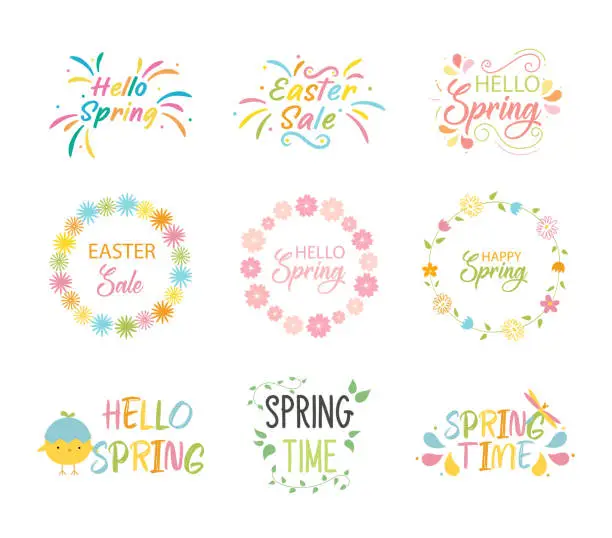 Vector illustration of Set of Hello spring lettering typography. Calligraphy postcards elements, flowers, leafs, spring concepts. Spring labels with season calligraphy quotes, wreathes. Hand drawn vector illustration