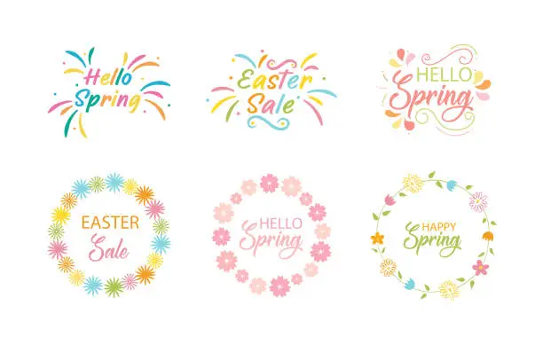 Vector illustration of Hand Lettering Set with Flowers and Wreaths. Bright Cute Lettering Hello Spring. Happy Easter. Collection of Spring Templates, Stickers, Posters, Banners, Flyers, Greeting Cards and Invitations.