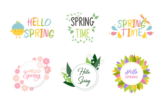 Hello Spring lettering badges. Spring season. Set of hand sketched spring season vector flowers, leaves, branches. Hand written lettering words and phrases hello spring, welcome spring, springtime