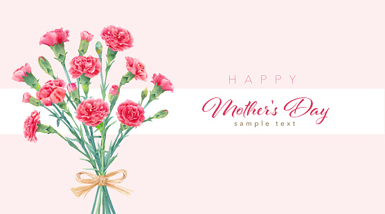 Mother's Day banner design composed of watercolor illustrations of red carnations. (Vector. Layout can be changed)