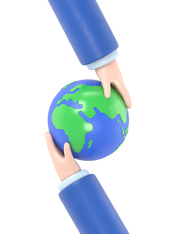 Planet protection concept. Globe in hands icon. 3D illustration flat design. Save eco. Cartoon environment. Object for advertising, promotion and poster.3D rendering on white background.
