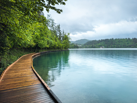 Wooden path by the lake (Bled, Slovenia).