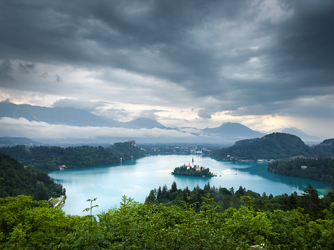 Lake Bled with church on an island.
