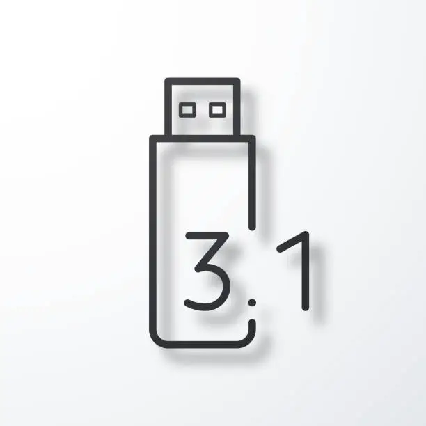 Vector illustration of USB 3.1 flash drive. Line icon with shadow on white background