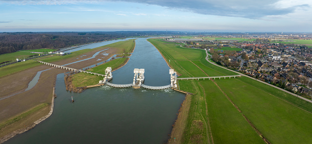 Aerial view of the Driel Weir in the Netherlands. It makes part of the weir complex Amerongen, consisting of locks, a weir and a fishway in the Rhine river (Nederrijn).