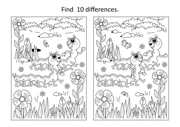 Vector illustration of Difference game with caterpillars