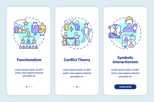 Theories of social stratification onboarding mobile app screen. Walkthrough 3 steps editable graphic instructions with linear concepts. UI, UX, GUI template. Myriad Pro-Bold, Regular fonts used